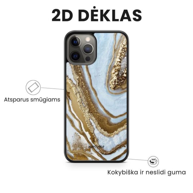 iphone 14 telefono dekliukas marmuro stiliaus melynos ir auksines spalvos