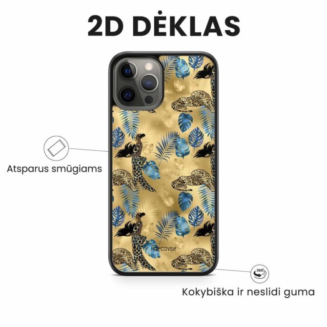 iphone 14 pro max telefono deklas auksines spalvos su leopardu