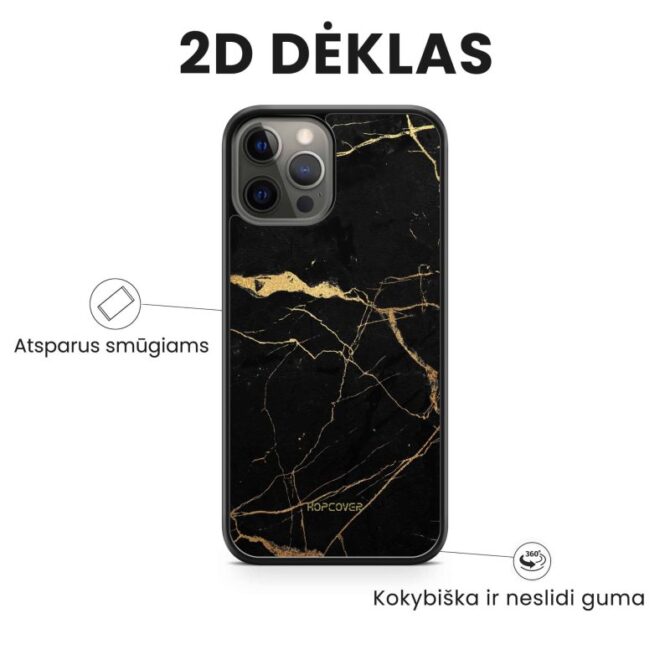 iphone 14 pro max telefono deklas juodos ir auksines spalvos