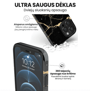 iphone 14 pro max telefono deklas juodos ir auksines spalvos