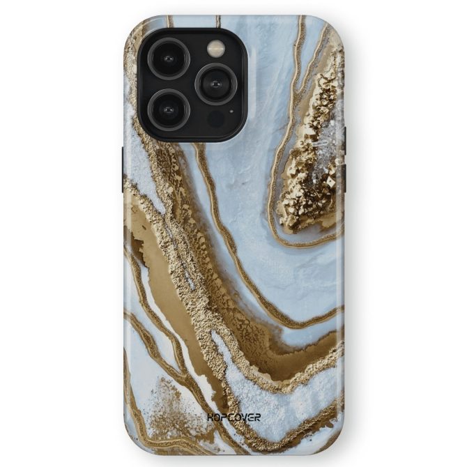 iphone 14 telefono dekliukas marmuro stiliaus melynos ir auksines spalvos