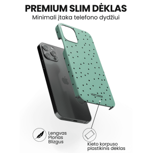 Apple iphone 14 telefono deklas zalios spalvos su juodais taskais