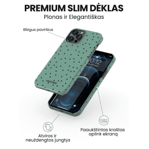 Apple iphone 14 telefono deklas zalios spalvos su juodais taskais