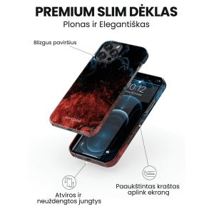 Apple iphone 14 telefono deklas raudonas ir melynas marmurinis