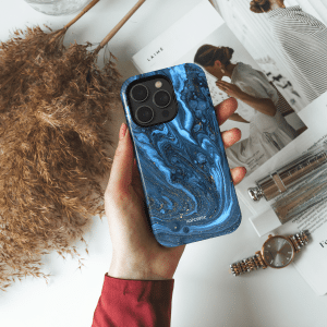 iphone 14 pro max telefono deklas marmurinis melynos spalvos