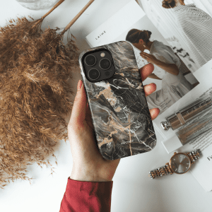 iphone 14 pro max telefono deklas marmuro stiliaus rudos spalvos