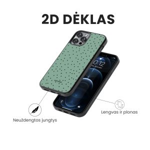 Apple iphone 14 telefono deklas zalios spalvos su juodais taskais