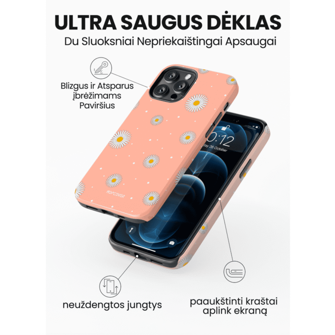 iPhone telefono deklas rausvame fone su gelemis