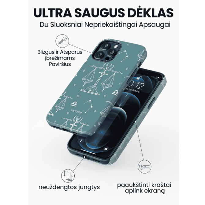 Hopcover iPhone telefono deklas su zodiaku svarstykles melynos spalvos